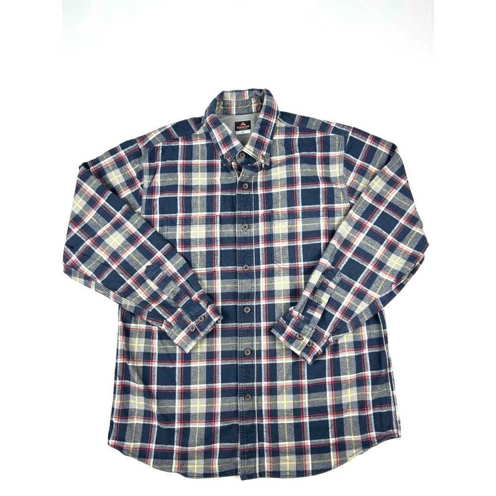 Ridgecut Toughwear Mens Large Plaid Button Down Shirt Navy Grey L Long Sleeve